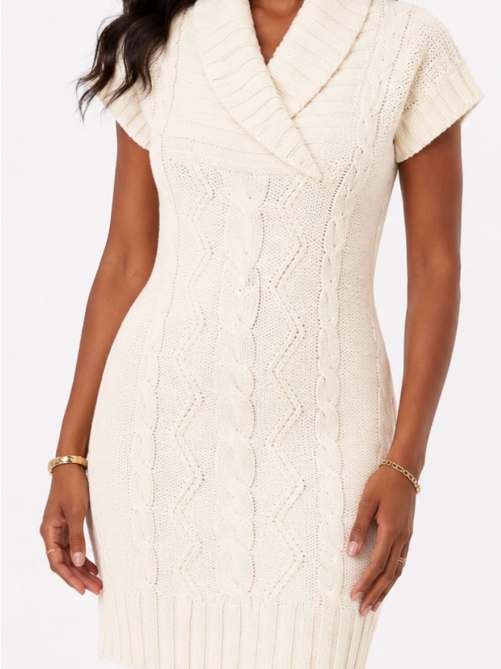 1007 • Cream Cable Knit Sweater Dress • Cozy Luxe Cowl Neck Mini Dress